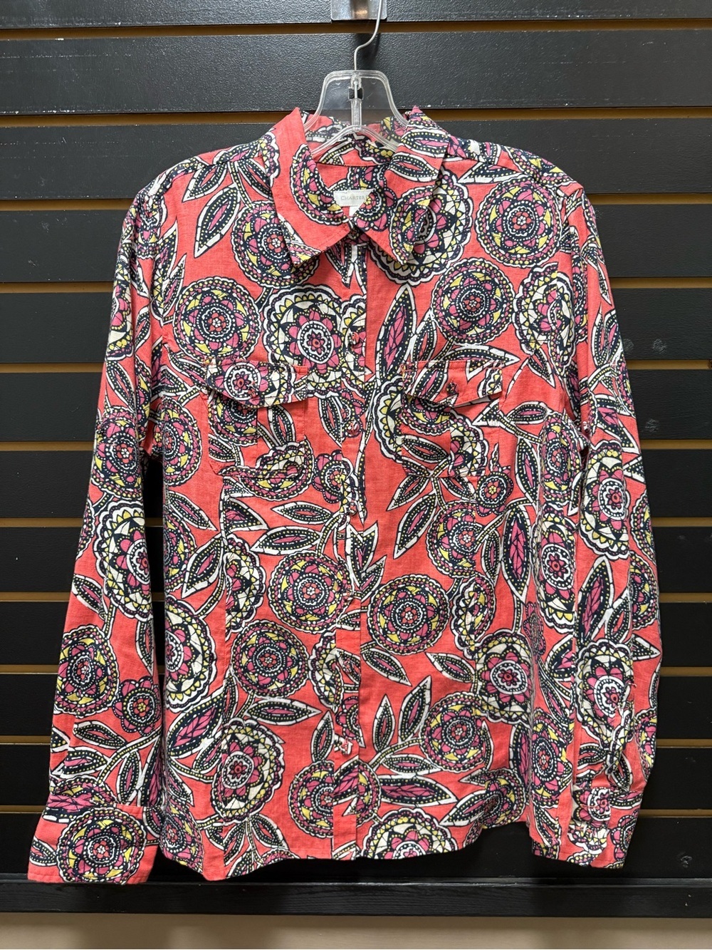 Charter Club 100% Linen Floral Button Front Shirt Coral Pink 12